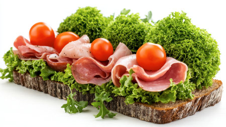 A vibrant stack of gourmet sandwiches featuring fresh lettuce, juicy tomatoes, and sliced cold cuts, artfully arranged on rustic bread for an appealing and healthy meal option.の素材