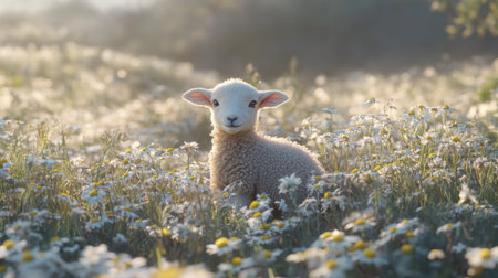 A charming young lamb relaxes peacefully in a flower-filled meadow, basking in the soft glow of morning light, creating a serene and uplifting nature scene.の素材