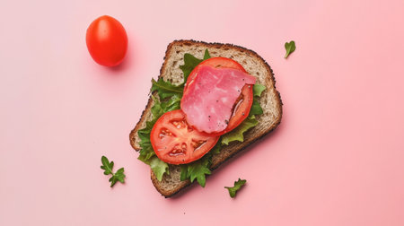 A vibrant open sandwich featuring fresh lettuce, juicy tomato, and savory ham on hearty brown bread, complemented by a cherry tomato, ideal for a healthy meal presentation.の素材