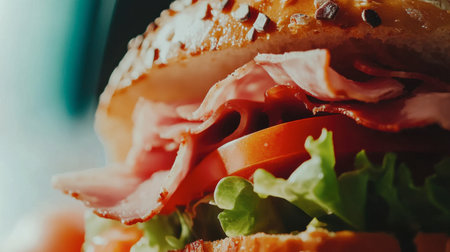 Captivating close-up of a gourmet burger stacked with ham, lettuce, and tomato, showcasing fresh ingredients in vibrant colors and textures, ideal for culinary use.の素材