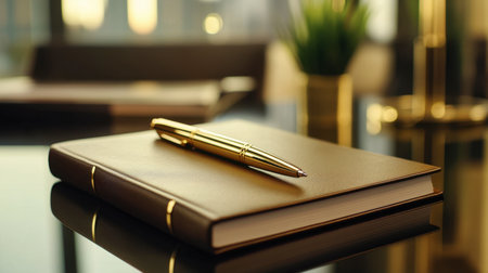 A sophisticated leather-bound notebook accompanied by a stylish pen is showcased on a sleek desk, surrounded by soft lighting and a decorative plant, highlighting creativity.の素材