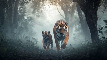 A stunning image of a mother tiger and her cub walking together on a foggy path in a forest, capturing the beauty and bond in a serene and mystical jungle environment.の素材