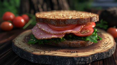 A mouth-watering fresh sandwich featuring layers of ham, tomato, and lettuce, served on sesame seed bread. Perfectly styled for a gourmet food presentation.の素材