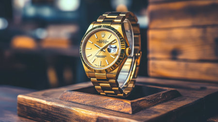 A stunning gold watch stands on a rustic wooden base, highlighting its elegance and luxury. Perfect for showcasing style and precision in any setting.の素材