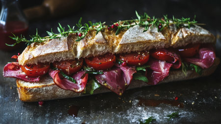 Indulge in this vibrant sub sandwich layered with ham, fresh tomatoes, and aromatic herbs, creating a perfect meal or snack for any occasion.の素材