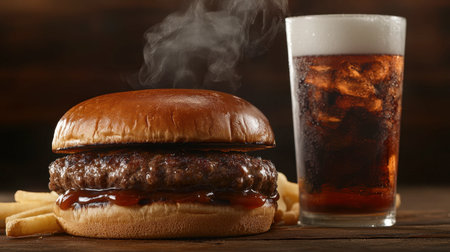 A mouthwatering hamburger with steam rising, accompanied by crispy fries and a refreshing glass of soda, perfect for showcasing in food photography or restaurant menus.の素材