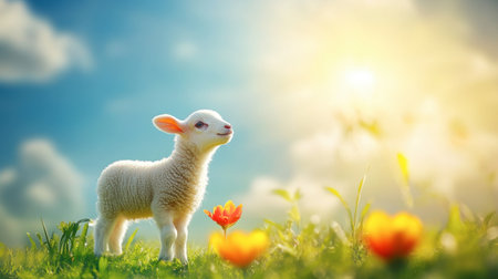A charming young lamb stands in a lush green meadow, surrounded by colorful flowers under a bright sky, capturing the essence of spring and the beauty of nature.の素材