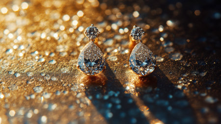 Exquisite teardrop earrings featuring sparkling diamonds, set against a stunning shimmering background, perfect for any elegant occasion or gift.の素材