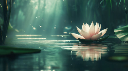 A beautiful water lily gracefully blooms in a serene forest pond, surrounded by soft light and gentle reflections, creating a tranquil atmosphere.の素材