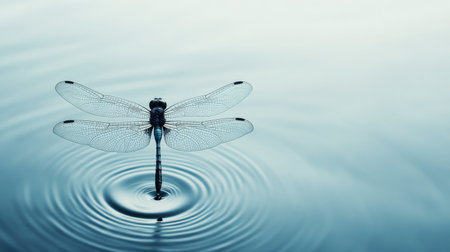 A stunning dragonfly perched on a tranquil water surface, creating gentle ripples, showcasing its intricate wings in soft, calming light for a serene atmosphere.の素材