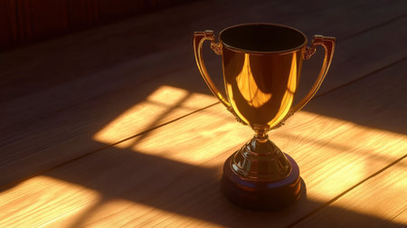 This elegant gold trophy shines brightly on a wooden surface, symbolizing achievement and celebration. Perfect for themes of success and recognition, conveying inspiration and motivation.の素材