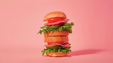 A vibrant stack of colorful sandwiches showcases fresh vegetables and layers of meat, set against a soft pink background, perfect for food lovers and culinary enthusiasts.の素材