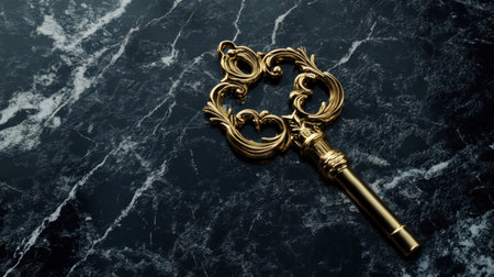 An exquisite vintage key resting on a glossy marble surface, showcasing intricate designs that evoke a sense of mystery and historical allure, perfect for elegant imagery.の素材