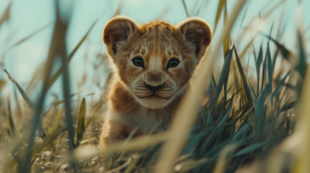 This enchanting image features a young lion cub peering curiously from tall grass, showcasing its playful nature and the beauty of wildlife in a natural setting.の素材