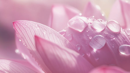 A stunning close-up view of pink lotus flower petals adorned with glistening water droplets. This image captures the delicate beauty of nature, symbolizing tranquility.の素材
