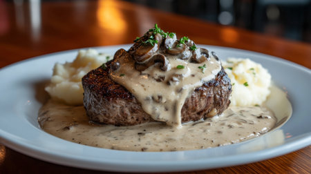 A mouthwatering showcase of a perfectly cooked steak smothered in rich mushroom sauce, served with creamy mashed potatoes, ideal for gourmet dining experiences.の素材