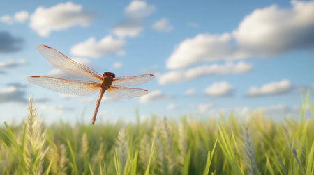 A stunning dragonfly flies gracefully over lush green grass, capturing the essence of a serene nature scene under a bright blue sky filled with fluffy clouds.の素材