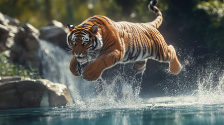 A stunning image of a majestic tiger leaping through clear water, surrounded by lush greenery, capturing the beauty and power of wildlife in its natural habitat.の素材