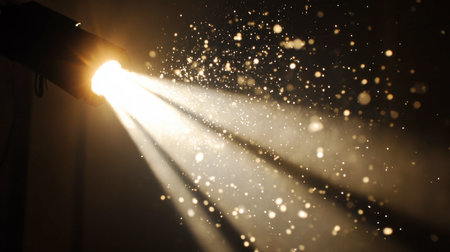 A striking image of a spotlight casting vibrant beams through dust particles in a dark space, creating an enchanting atmosphere filled with drama and intrigue.の素材