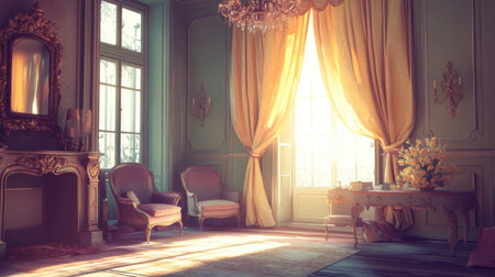 A beautifully sunlit room featuring vintage furniture, elegant curtains, and charming floral arrangements. The space exudes warmth and tranquility, perfect for relaxation.の素材