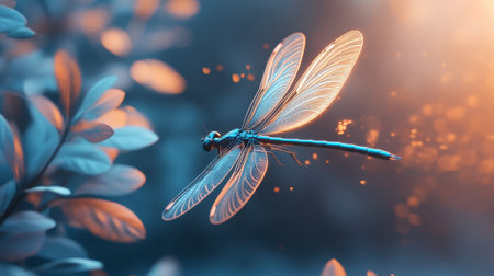 A stunning dragonfly soars gracefully through a dreamy landscape filled with soft light and vibrant colors. The ethereal feel captures the beauty of nature and tranquility.の素材