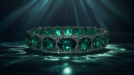 This exquisite emerald bracelet showcases a stunning design, accentuated by the shimmering light underwater, highlighting its luxurious gemstones and intricate craftsmanship.の素材