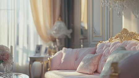 A beautifully designed living room featuring a pink couch and an exquisite crystal chandelier, bathed in warm sunlight. This space exudes elegance and comfort.の素材