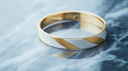 This elegant bangle features a stylish gold and white stripe design, beautifully reflecting on a polished marble surface, ideal for fashion and jewelry enthusiasts.の素材