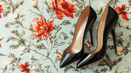 A pair of elegant black high heels showcases stunning design against a vibrant floral background. Perfect for fashion-related projects, this image captures sophistication and style.の素材