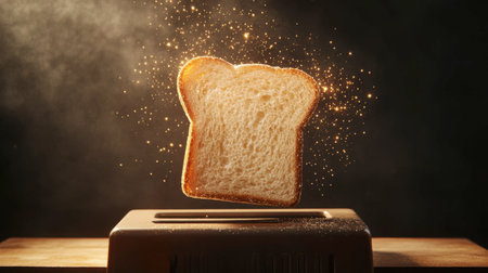 A captivating image of a slice of bread toasting, surrounded by sparkling effects in a modern kitchen setting. Perfect for food-related themes.の素材