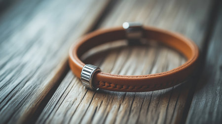This elegant brown leather bracelet features silver accents, resting on a rustic wooden surface. Ideal for fashion accessories, gift ideas, or unique jewelry designs.の素材