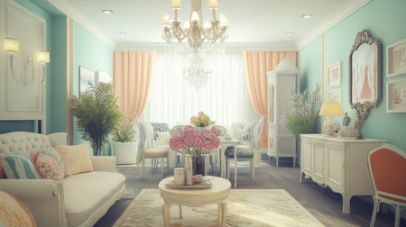 A beautifully designed living room showcasing elegant decor with soft colors and natural light, featuring a comfortable sofa, stylish furnishings, and floral accents.の素材