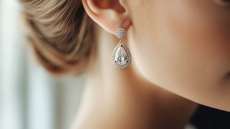 Stunning close-up of a woman showcasing elegant tear drop earrings. This image captures the beauty and sparkle of luxurious jewelry, perfect for fashion and accessory themes.の素材