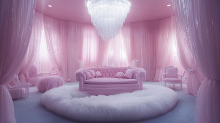 This elegant pink room features luxurious furniture and soft textures, creating a dreamy ambiance perfect for relaxation and inspiration. The stunning chandelier adds a touch of glamour.の素材
