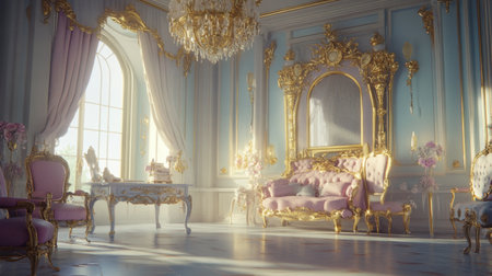A stunning baroque interior showcases luxurious furniture and elegant decor. Sunlight streams through the window, enhancing the opulent atmosphere of the room.の素材