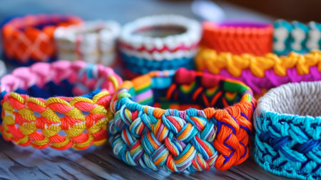 A vibrant array of handcrafted bracelets displayed on a wooden surface. This colorful collection showcases intricate designs and unique styles, perfect for fashion enthusiasts.の素材