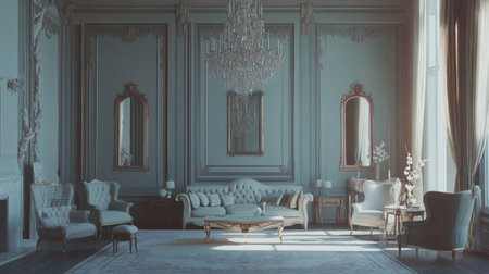 Discover an elegant living room featuring classic design elements, stylish furnishings, and a stunning chandelier that creates a warm, inviting ambiance.の素材