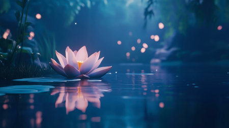 A stunning water lily gracefully floats on a misty lake, reflecting its beauty in the calm water. Soft light enhances the serene atmosphere, perfect for nature lovers.の素材