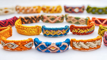 A vibrant display of handmade bracelets showcasing intricate designs and colorful embroidery. Perfect for adding a unique accessory to any outfit.の素材