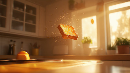 A perfectly toasted slice of bread hovers in a sunlit kitchen, capturing a moment of warmth and serenity. Ideal for food and home themes.の素材