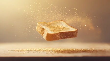 A mesmerizing image of a slice of toast floating in mid-air, adorned with golden sprinkles, showcasing a warm, inviting glow in a soft-lit background.の素材
