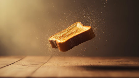 A captivating image of a slice of toast levitating above a wooden surface, with sparkling dust illuminated by soft lighting, showcasing its golden-brown texture.の素材