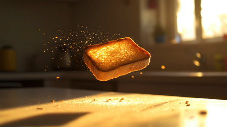 A floating slice of toast captures the essence of breakfast in a bright kitchen. The golden crust and light create an inviting atmosphere for culinary creativity.の素材