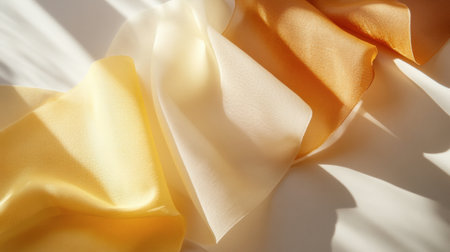 This image showcases elegant draped textiles in soft shades of yellow and cream, creating a warm and inviting atmosphere with delicate texture and gentle shadows.の素材