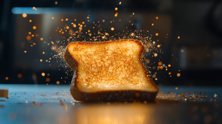 A close-up shot of golden toast sprinkled with sugar, capturing the moment it exits the toaster. The warm lighting and bokeh background create a cozy atmosphere.の素材