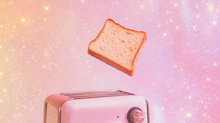 Experience a delightful fusion of retro design and modern magic with a floating slice of toast above a charming toaster in a colorful space environment.の素材
