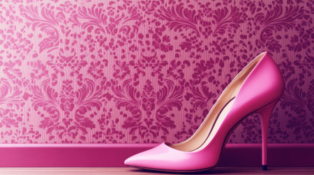 This image features an elegant pink high heel shoe showcased against a vintage floral wallpaper backdrop, perfect for fashion-oriented designs and stylish compositions.の素材