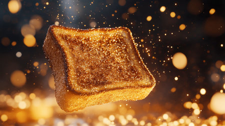 A captivating image of a golden toast slice floating in the air, surrounded by sparkling particles and light, creating a magical and appetizing atmosphere for food lovers.の素材