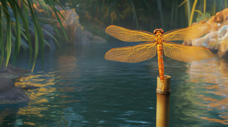 A stunning dragonfly in vibrant colors perches on a bamboo stick by a calm pond. The serene water reflects the lush surroundings, evoking a peaceful atmosphere.の素材