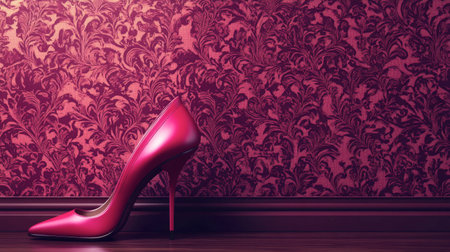A stylish pink high heel shoe stands elegantly against rich decorative wallpaper, capturing the essence of sophistication and modern fashion. Perfect for themed projects.の素材